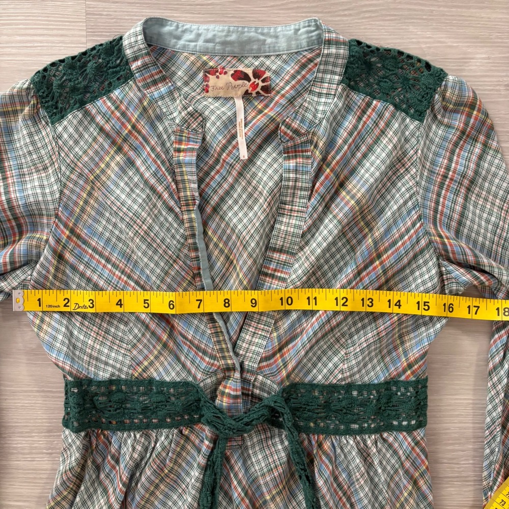Free People Plaid Mini Dress Women Green Crochet Lace Empire Waist Long Sleeve 6 - Picture 6 of 14